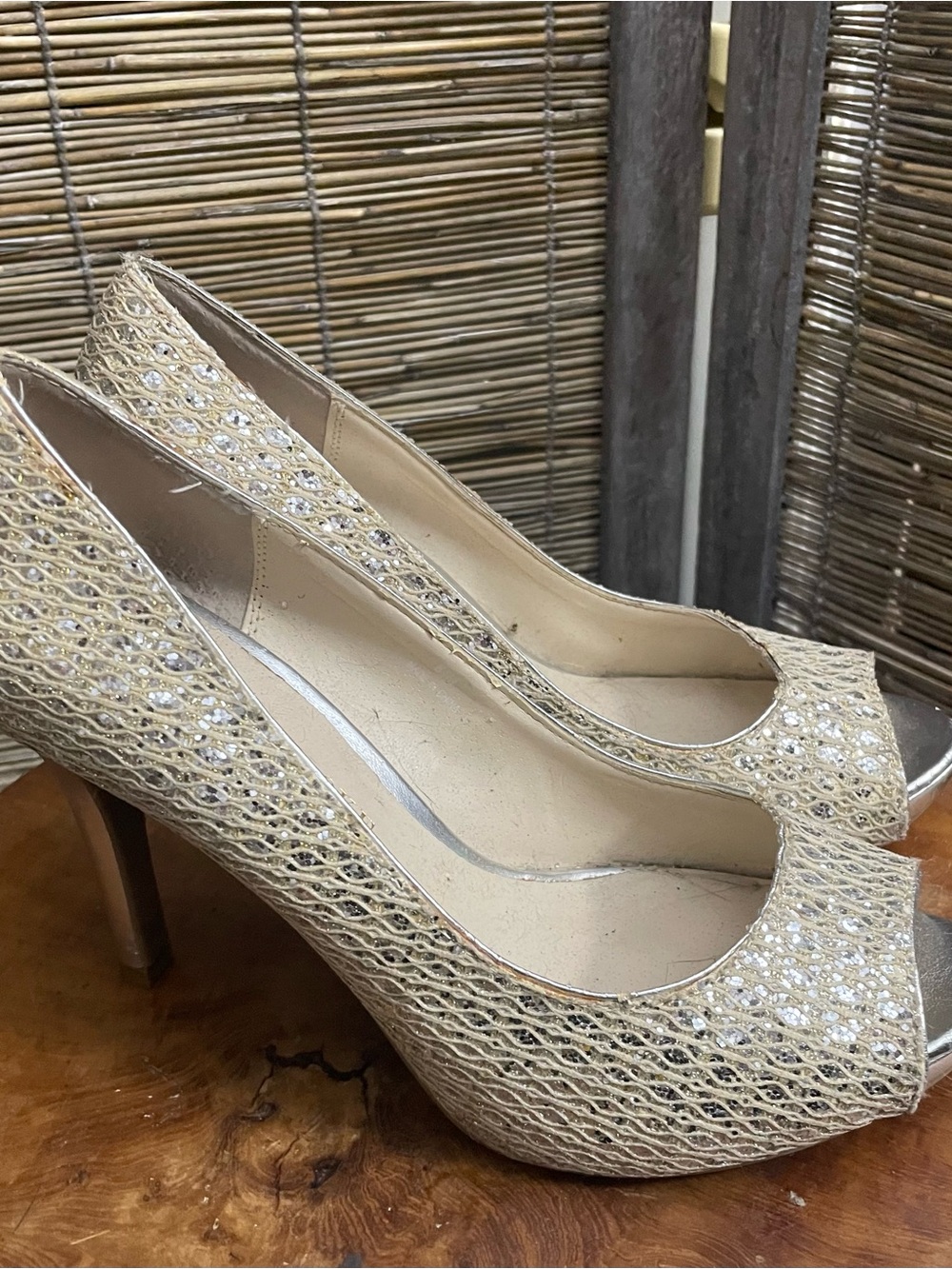 Audrey Brooke Champagne Open-Toe High Heels with Sparkle Woven Detail